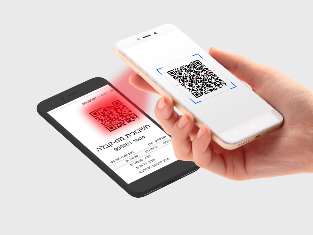 כרטוס בקופה סריקת QR קוד ממסך סמארטפון על ידי סמארטפון אחר