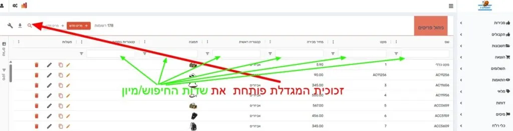 סרגל הכלים מעל הטבלה: לחיצה על סמל זכוכית המגדלת פותחת את שורת החיפוש והסינון מתחת לכותרות העמודות
